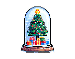 Festive christmas tree in snow globe with colorful gifts for holiday decoration on transparent background