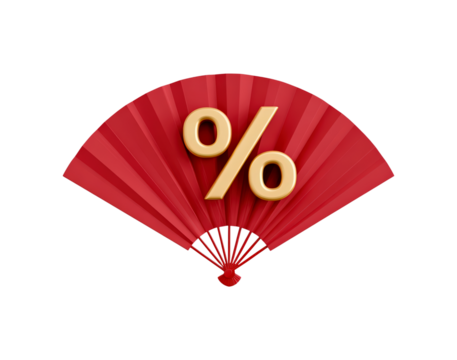 Red fan with golden percent symbol for discount and promotional designs - Powered by Adobe