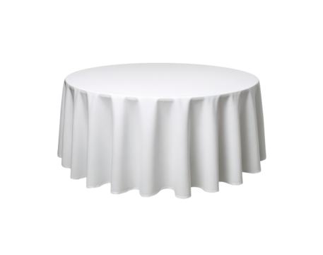 Elegant round table with white tablecloth for special event decor on transparent background