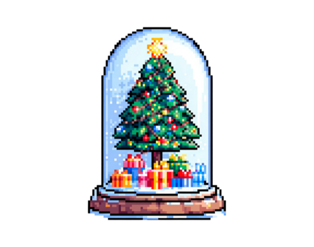 Festive christmas tree in snow globe with colorful gifts for holiday decoration on transparent background