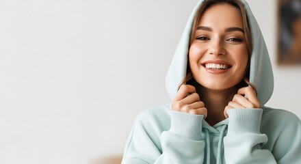 Closeup of a cheerful young woman in a hoodie, isolated on white background, smiling brightly with perfect teeth, showcasing a fresh and youthful look