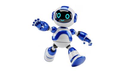 Cute cartoon robot waving hello with glowing green eyes and blue accents futuristic technology