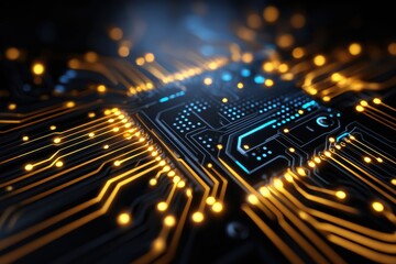 Glowing digital circuits illuminate a sophisticated electronic board in a close up view