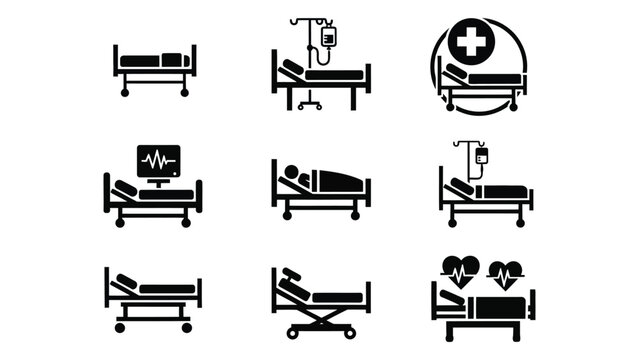 Collection of medical hospital bed icons representing healthcare services and patient care silhouette