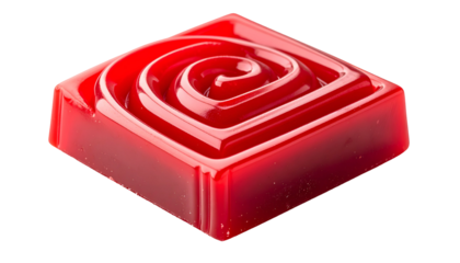 Square, glossy, red confectionery with a spiraling design on a black background