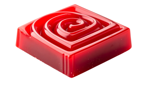 Square, glossy, red confectionery with a spiraling design on a black background
