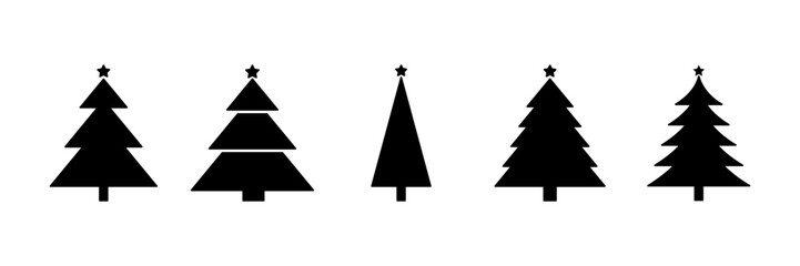 Christmas tree, set of icons. Black silhouette isolated on a white background, vector illustration. Festive simple flat pine tree shape with a star. New Year's symbol for decoration, design