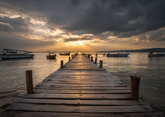 Obraz premium Wooden pier extends toward setting sun, boats anchored in serene water, dramatic cloudscape