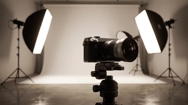 A professional photography studio setup features a camera on a tripod, surrounded by softboxes and lights