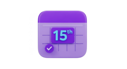 Purple calendar icon app with day 15 and checkmark modern digital interface