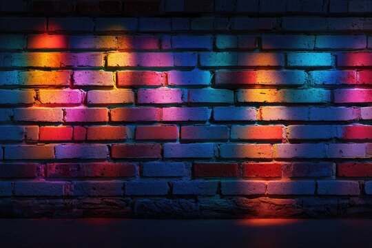A brick wall is illuminated with vivid multicolored light patterns. Shadows dance across
