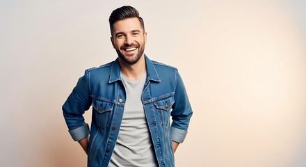Portrait of a handsome man with a big smile wearing a denim jacket in a studio with a white background and a happy expression