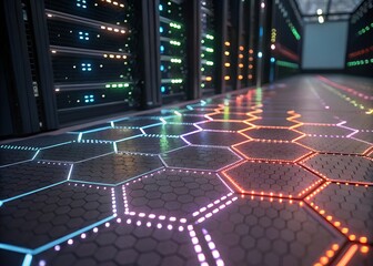 Illuminated hexagonal floor in a modern data center server room
