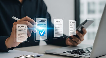 Businessman uses a stylus to approve digital invoices on a virtual interface displayed above a laptop, with a smartphone in his other hand.