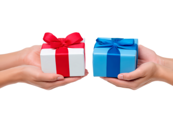Gift exchange with red and blue gift boxes in hands for celebration and surprise on transparent background