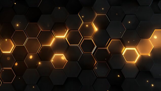 Abstract hexagonal background with glowing edges and scattered light particles, dark color scheme