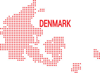 Denmark: Abstract dotted red illustration of Denmark, a visual representation of the country's geographical layout, symbolizing its unique shape.