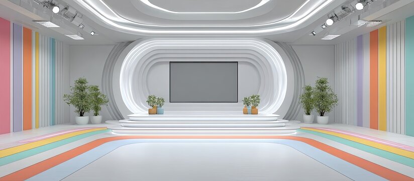 A vibrant, futuristic studio with a stage, LED lighting, and colorful, striped walls