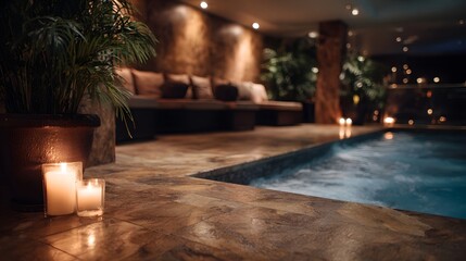 Dimly lit indoor spa lounge with pool seating plants and candles offering a serene and luxurious atmosphere