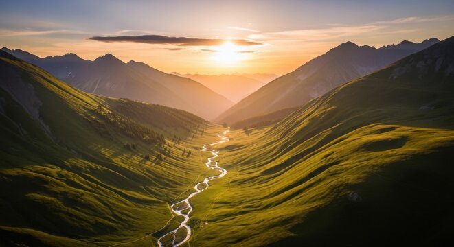 Serene landscape on international mountain day with sunrise over valley stream