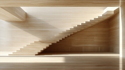 Light-filled, minimalist interior with a light beige staircase