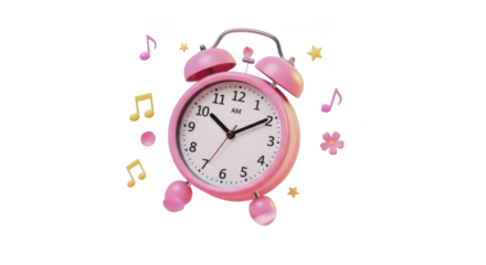 Whimsical pink alarm clock with musical notes floating around in a dreamy scene
