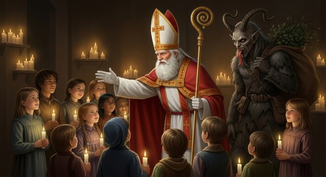 Krampusnacht celebration with saint nicholas and children in candlelit holiday gathering