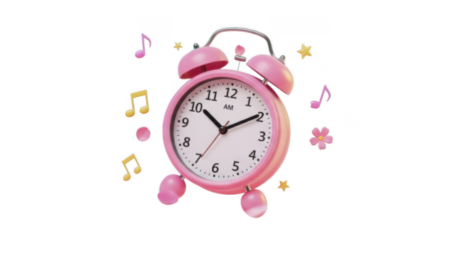 Whimsical pink alarm clock with musical notes floating around in a dreamy scene