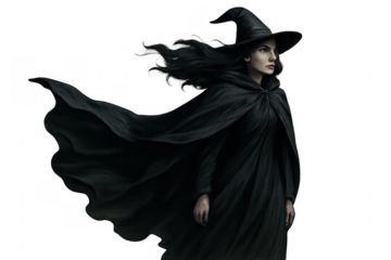 Mysterious witch woman wearing black cloak and hat