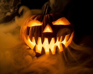 Terrifying glowing jack-o’-lantern with sharp teeth and smoky mist — ideal for spooky Halloween posters, horror designs, or party invitations.