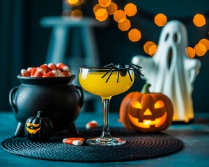 Halloween party setup with a festive cocktail, candy corn, and glowing jack-o’-lanterns surrounded by ghost decorations and warm lights — perfect spooky celebration vibe.