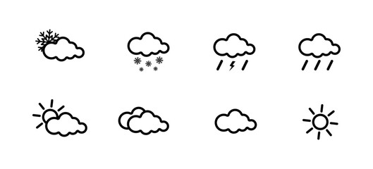 Collection of weather icons in cartoon style. Sun, cloud, snow, and rain symbols. Flat vector illustration isolated on white background.