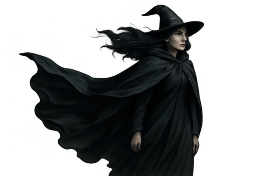 Mysterious witch woman wearing black cloak and hat - Powered by Adobe