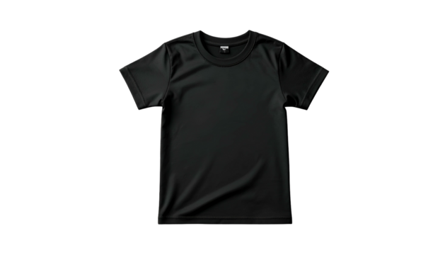 Plain, dark-colored short-sleeved shirt, centered on a black background, seemingly suspended
