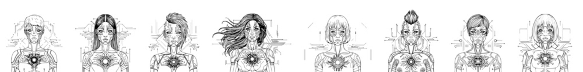 Futuristic Female Cyborg Line Art Vector — Detailed Android Women with Energy Core and Circuit Design