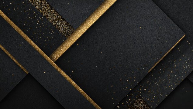 Abstract composition featuring dark rectangular shapes layered with gold accents and sparkling dust