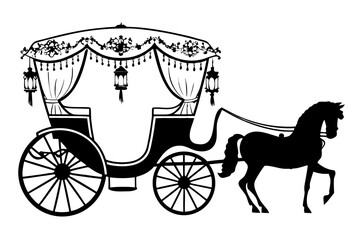 Detailed vector silhouette of an old-fashioned horse-drawn carriage with ornate decorations, a symbol of luxury, romance, and historical transportation