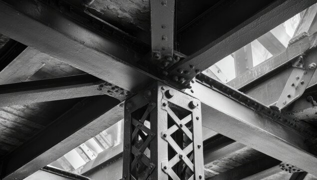 Black & white image of a network of metal beams joined with rivets, forming a structural support