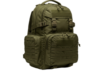 Olive green tactical backpack isolated PNG, military style rucksack with molle webbing for outdoor adventures and gear transport