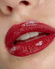 Close-up of glossy red lips with perfect shine.