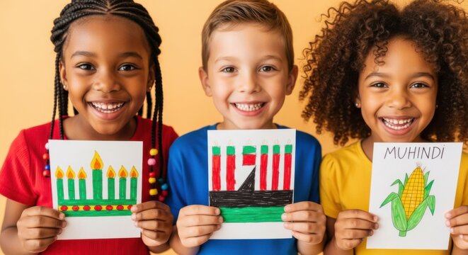 Children celebrating kwanzaa with hand-drawn kinara and muhindi art for cultural holiday education