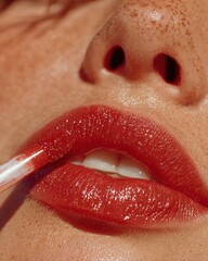 Obraz premium Close-up of glossy red lipstick application.