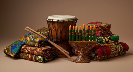 Kwanzaa celebration setup with kinara, drum, and traditional fabrics for african heritage festivities
