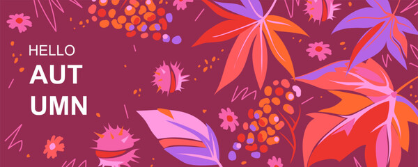Fall horizontal banner with bright leaves, berries and flowers on burgundy background. Autumn template with maple leaves, rowan berries, chestnut fruits. Vector illustration