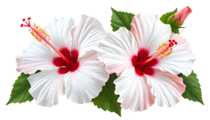 Two white hibiscus blossoms with red centers, stamen, and green leaves against a dark backdrop