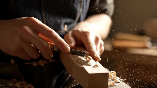 Hands carving wood detail with tool, wood shavings in the air