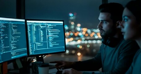 Two software developers coding on computers working late at night creating new application - Powered by Adobe
