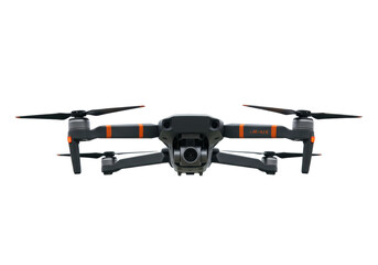 Modern gray drone with orange stripes isolated PNG, unmanned aerial vehicle for photography and videography on transparent background