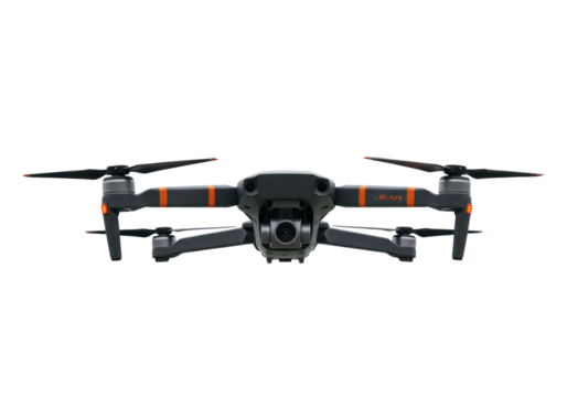 Modern gray drone with orange stripes isolated PNG, unmanned aerial vehicle for photography and videography on transparent background