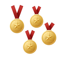 Four gold medals adorned with red ribbons and stars. This medal is awarded to the top winner.


